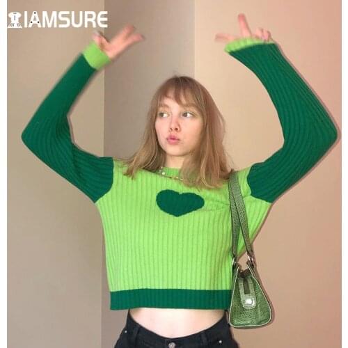 IAMSURE Patchwork Heeart Shape Knitted Sweater Women 2021 Autumn Winter Long Sleeve O-Neck Crop Tops Casual Sweet Cute Pullovers