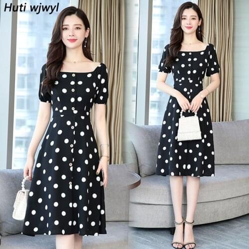 2021 Vintage Elegant Black Dot Chiffon Boho Midi Dresses Summer 3XL Plus Size Solid Beach Sundress Women Bodycon Party Vestidos