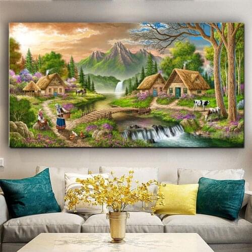 Cottage River Mountain Landscape Large Diamond Painting 5D Diy Square Round Drill Mosaic Embroidery Sale Waterfall Cow Scenery