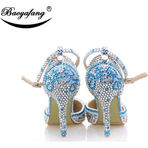 BaoYaFang New arrival Pointed toe Women wedding shoes Bride Ankle strap Buckle shoes woman crystal party dress shoes Sea Blue