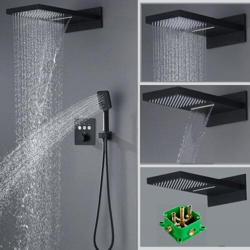 Black Shower Set Button Touch Thermostatic Shower Mixer Faucets Embedded Wall Type Bathroom Rainfall Waterfall Shower Head Panel