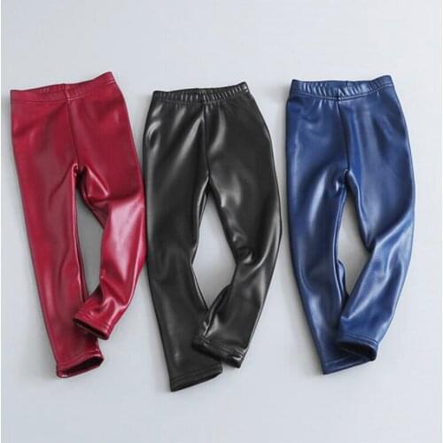 2020 Childrens Faux PU Leather Trousers Winter Autumn Warm Leather Leggings Fashion Boys Girls Elasticity Pencil Pants Leggings