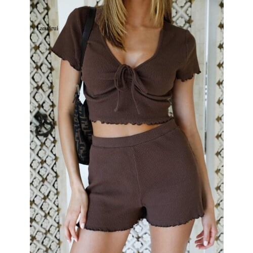 Elegant Solid Two-piece Women Suit V-neck Button Lace-up Top Short Sets Casual Summer White Button Ladies Suits