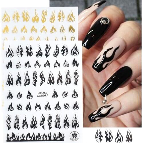 3D Holographic Fire Flame Nail Stickers Slider Gold Black New Year Manicure Decals DIY Nail Art Decorations Decor Tool GLCB205