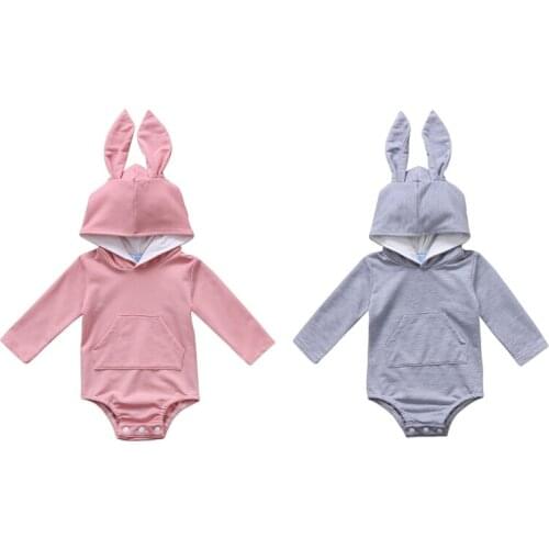 0-24M Cute Lovely Newborn Toddler Baby Girls Boys Cotton Long Sleeve Hooded With Ears Covered Button Solid 2 Color Bodysuit