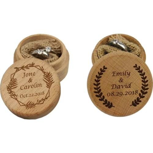 Personalized Ring Box Custom name date Rustic Wedding Ring Bearer Engraved logo Wood Round Ring Box Wedding Ring Box
