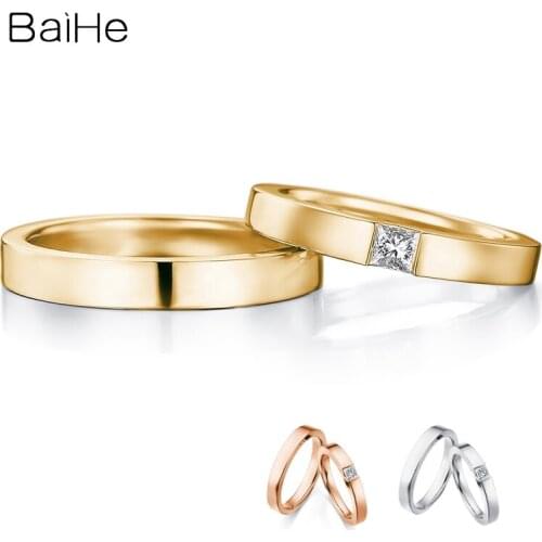 BAIHE Solid 18K White Gold 0.15CT H/SI Princess cut Natural Diamond for Women man Ring Fine Jewelry Cute/Romantic Couple Ring