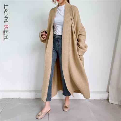 LANMREM 2020 New autumn Fashion Women Clothes Scarf Collar Lantern Sleeves Pocket Loose Knits Cardigan WJ82604