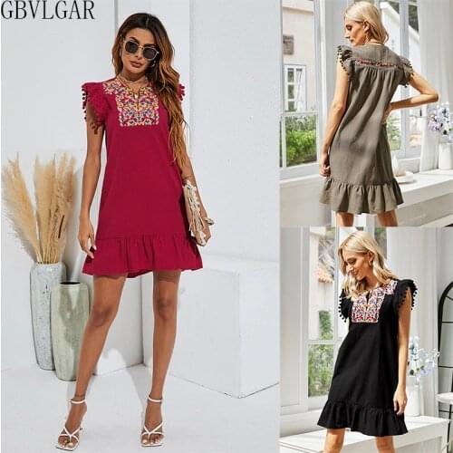 Summer Vintage Ethnic Embroidered Boho O-Neck Dresses Loose Casual Women Fashion Mini Dress Vestidos Sleeveless Female Clothing