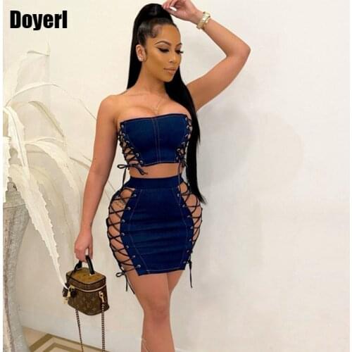 Summer Denim Two Piece Skirt and Top Set Women Sexy Festival Clothing Jeans Lace Up 2 Piece Sets Womens Outfits Club Outfits