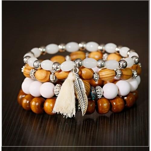 Summer Multilayer Bracelet Bohemia Ethnic Womens Wood Beads Vintage Charm Tassel Leaf Bracelet Jewelry For Ladies Bileklik