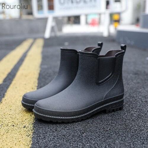 Rouroliu Men Autumn Winter Warm Rainboots Non-Slip Mid-Calf Safety Work Water Boots Waterproof PVC Shoes