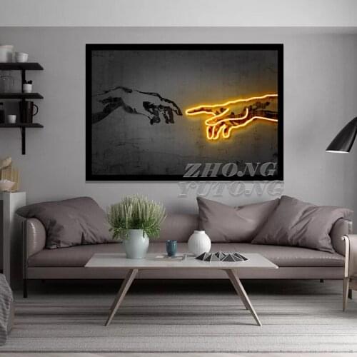 Wall Art Canvas Home Decor Creation of Adam Painting HD Print Neon Lights Modern Posters Cuadros Modular Pictures Living Room