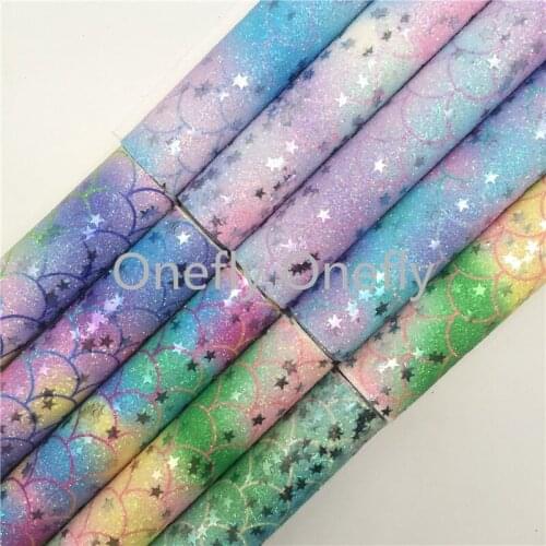 Onefly Mermaid Printed Glitter Synthetic Leather Fabric Iridescent Silver Stars Faux Leateher Sheets For Bow DIY handbags FZ054