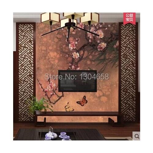 Custom large mural painting Chinese landscape painting plum flower butterfly living room TV setting wall paper