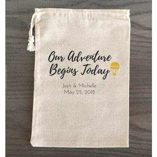 Custom Adventure Begins Today wedding Party first aid Hangover Kit jewelry favor muslin Bags Bachelorette bridal shower favors