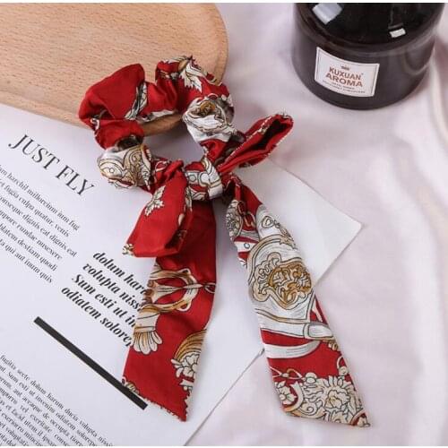 Hair band ribbon bow scarf sweet print scrunchie Band Ribbon Bow Scarf Sweet Print Scrunchie Women Hair Rubber Hair Ropes Girls