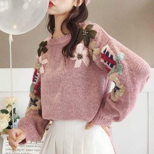 Autumn Winter Sweater Fashion Plus Size Knitted Sweater Women Pullover Embroidered Flowers Pullover Womens Sweater HK208