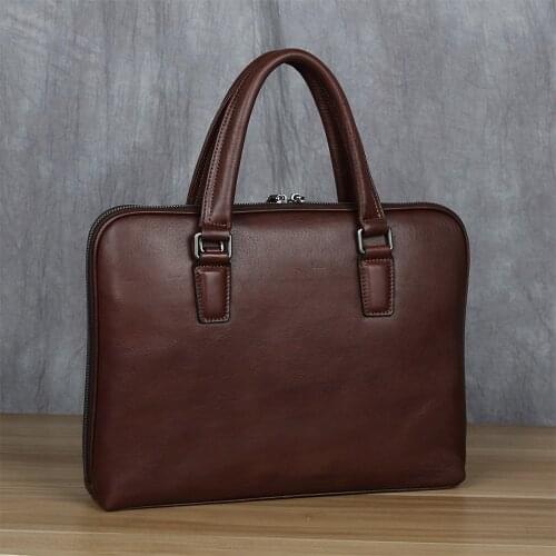 Vintage Mens Briefcase Genuine Leather Original Casual Handbag Man Business Shoulder Bag Brown For 14 Inch Laptop Bag
