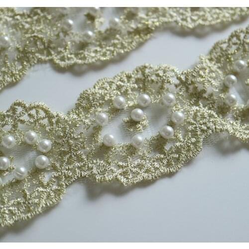1yard embroidery pearl flower mesh lace trims for Clothes Gold thread lace trimmings and ribbons for dress DIY craft accessories