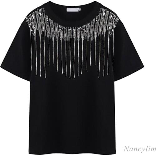 Beads Tassel Sequins Short Sleeve Loose T-shirt Womens Top 2021 Summer Clothing New Lady Top Camisetas De Mujer White Black