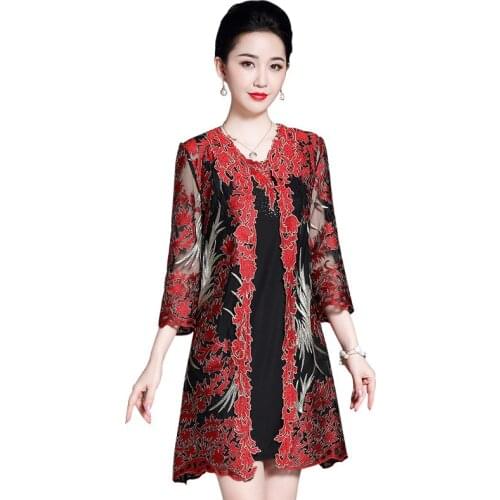 Middle Age Women Spring Autumn Dresses 2020 Korean Vintage Embroidery Wo Piece Dress Plus Size Elegant Fashion Party Vestidos