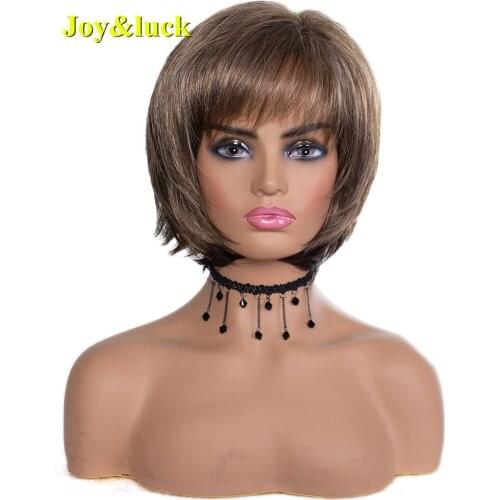 Joy&luck Short Ombre Brown Bob Straight Wigs With Bangs For White Women Synthetic Hair Daily Party Wear Natural Woman Wig