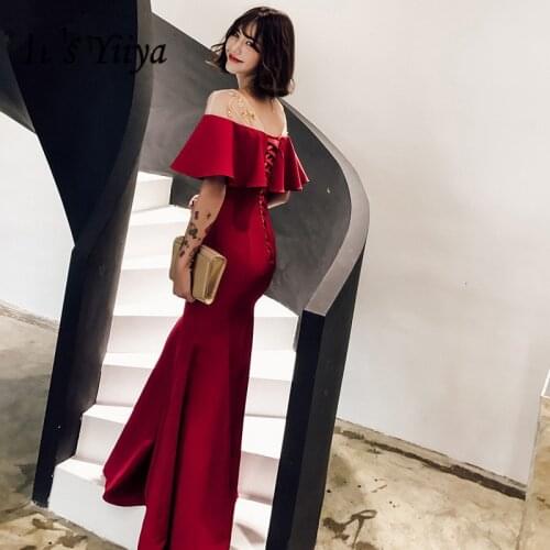 Its YiiYa Evening Dress Gold Beading Crystal Wine Red Trumpet Formal Dresses Women Elegant Ruffles Floor length Party Gown E014