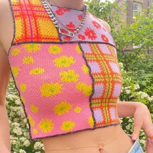 Random Contrast Color Flower Knitted Vest Casual Round Neck Female Wild Summer Rib Exposed Navel Sleeveless Basic Tank Tops