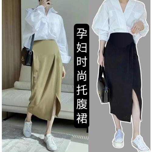 6173# Summer Korean Fashion Chic Ins Maternity Skirts Side Split Elastic Waist belly A Line Clothes for Pregnant Women Pregnancy