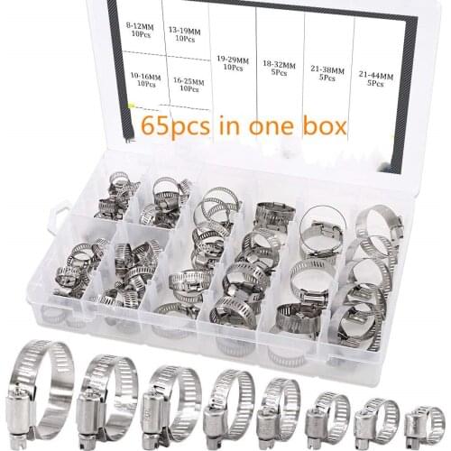 65pcs Hose Clips Adjustable 8-44mm 304 Stainless Steel Worm Gear Hose Clamp Assortment