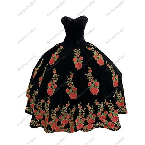Vestido De 15 Anos XV Ball Gown Sweet 16 Girls Quinceanera Formal Dresses Beaded Black Velvet and Red Floral Flower Embroidery
