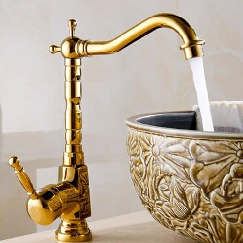 Free Shipping promotion deck mounted golden basin faucet with single handle gold bathroom mixer tap and brass gold kitchen taps