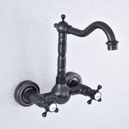 Oil Rubbed Bronze Wall Mounted Basin Faucets Bath Faucets Double Handle Dual Hole Bathroom Sink Washbasin Water Mixer Tap Nsf721