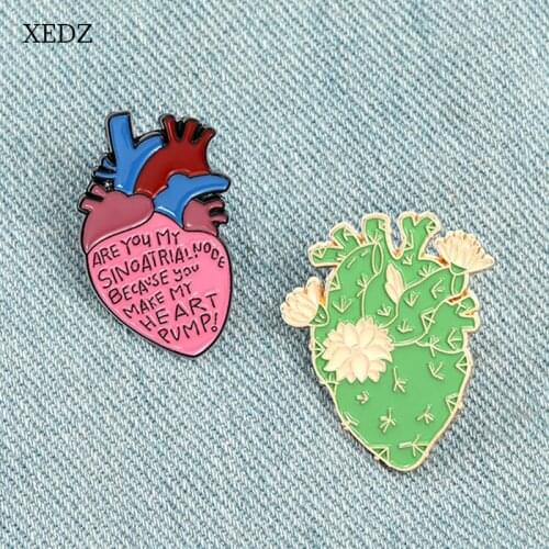 XEDZ Red Heart Organ Enamel Brooch Flowering Cactus Organ Badge Cartoon Medical Blood Vessel Model Punk Pin Jewelry Gift