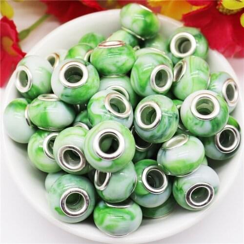 10Pcs Green Cloud Flower Art Color Round Smooth Big Hole Loose Spacer Beads Charms Fit Pandora Bracelet Bangle Jewelry Making