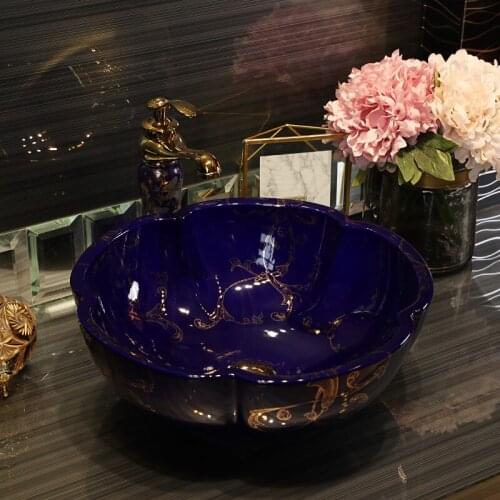 Black/blue Europe Vintage Style Art Countertop Basin Sink Handmade Ceramic Bathroom Vessel Sink porcelain bathroom sink