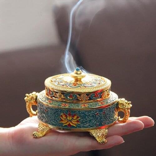 Incense Holders Incense Burner Tibetan Style Painted Enamel Color Copper Alloy Relief Coil Cloisonne Home Office Decoration Gift
