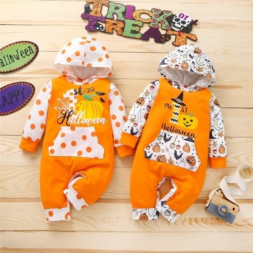 0-12 Months Unisex Baby Girls Boys Halloween Jumpsuit Cute Toddler Dots/Pumpkin Hooded Long Sleeves Romper With Buttons