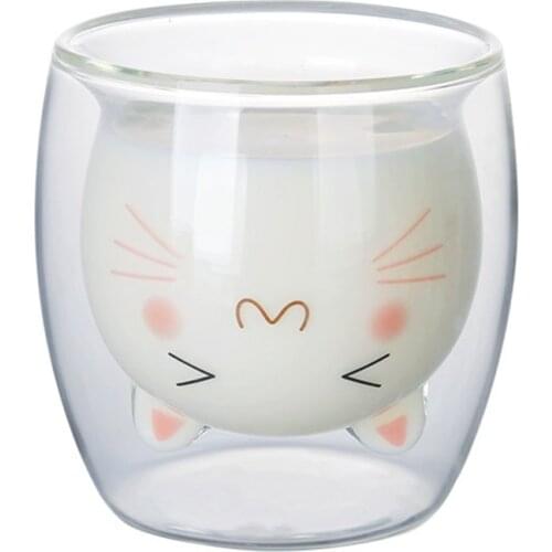 Juce Cup Double Layer Glass Cute Cat Mug Transparent For Juice Coffee Custom Gifts Durable High Quality Pretty Style 2 Pcs Cups