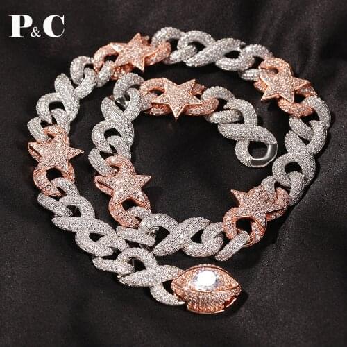 Hip Hop Iced Out Paved Rhinestones16MM Eye Button Star Full Miami Curb Cuban Chain CZ Bling Rapper Necklaces For Men Jewelry