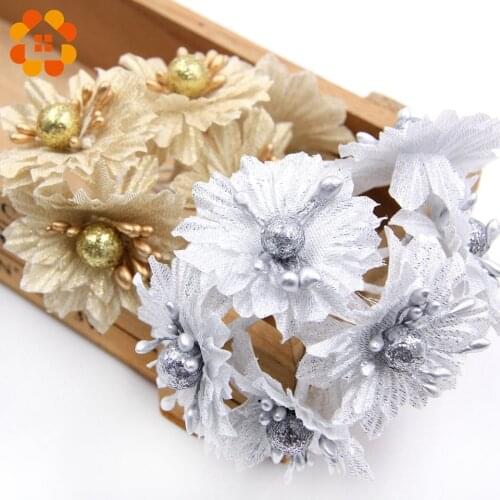 6pcs/bunch Gold Silver Artificial Flowers DIY Headwear Accessories Wedding Festival Home Table Garden Decoration Fake Flower