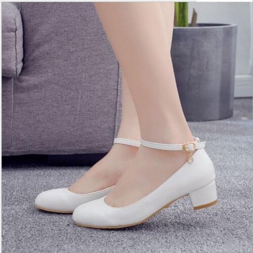 Classic Sexy White Womens High Heels Sexy Bride Party 3CM mid Heel Pointed toe Shallow mouth High Heel Lace Up Shoes Big Size