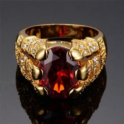 Classic Female Male Red Cubic Zircon Ring Size 6-12 for Women&Men Vintage Rings Luxury Yellow Gold Color Filled Crystal Jewelry