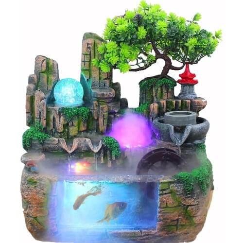 Indoor LED Atomization Aquarium LED Crystal Ball Rockery Waterfall Water Fountain Home Garden Decor Micro Landscape Resin Crafts