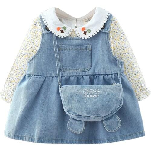 Children Sets Clothing 2021New Autumn Spring Casual Sweet Kid Baby Girls Floral Long sleeve+Denim Vest Dress 2Pcs Girl Suit 0-4y