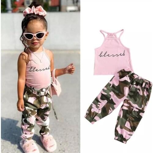 Baby Girls Clothes Set New Summer Infant Kids Letter Printed High Neck Halter Cotton Tops with Camouflage Printed Long Pants