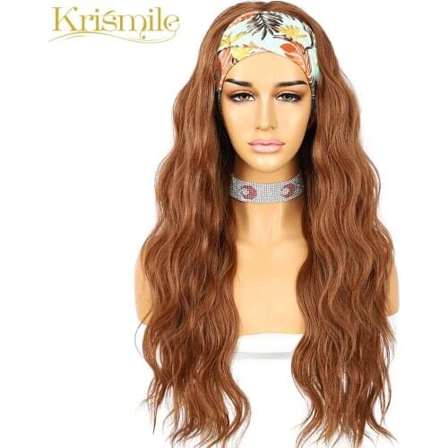 Krismile Long Water Wave Brown Headband Wig Daily Party Travel Holidays No Gul Glueless Wig for Black Women with 2 Free Bands