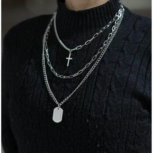 Layered Silver Color Metal Chain Cross Necklace Women Men Choker Metal Padlock Hip Hop Chains Jewelry Aesthetic Accessory