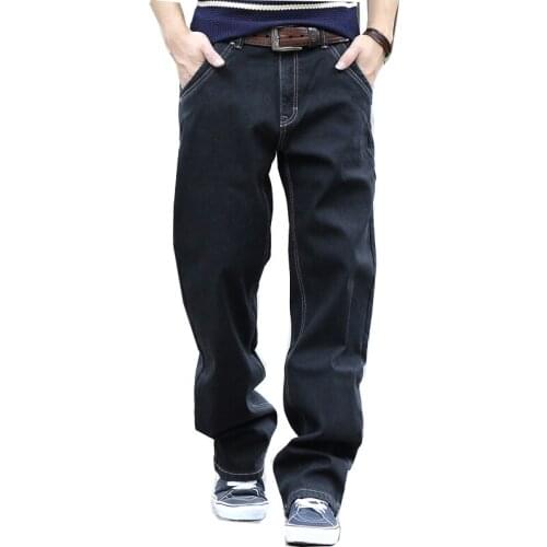 Fashion loose mens wide-leg denim trousers hip-hop streetwear jeans large size loose straight casual black pants